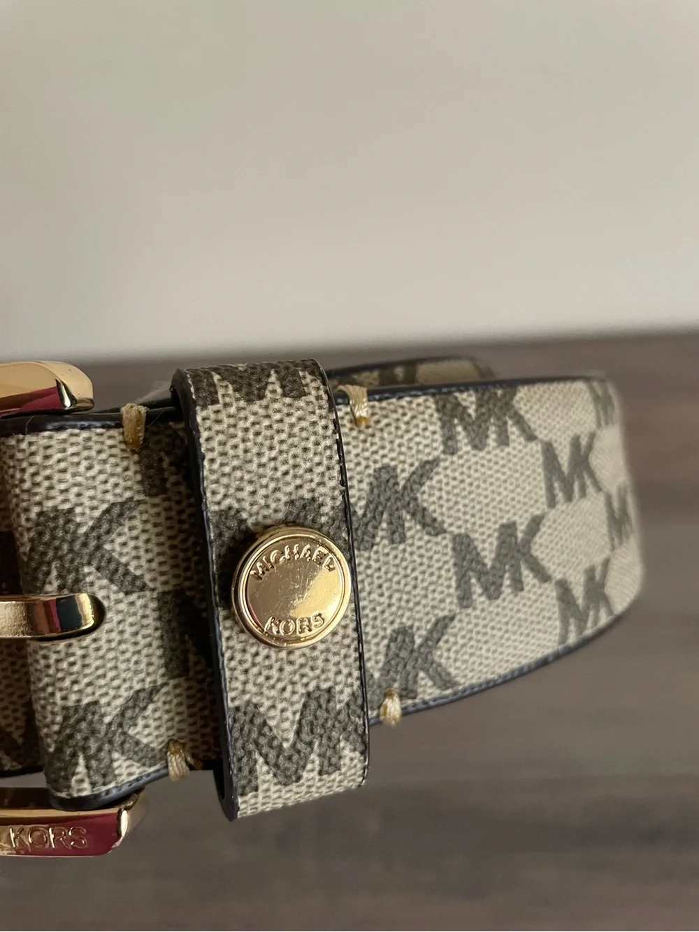 Michael Kors MK Logo Canvas Belt Womens Medium 556023 Gold Buckle Beige Brown